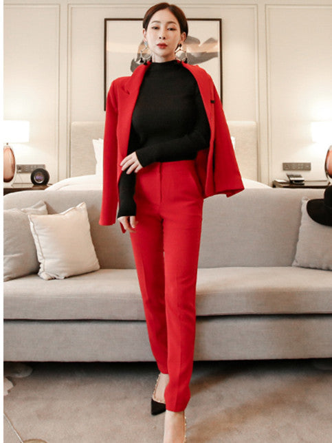 CM-SF091109 Women Elegant European Style Red Tailored Collar Slim Leisure Suits - Set