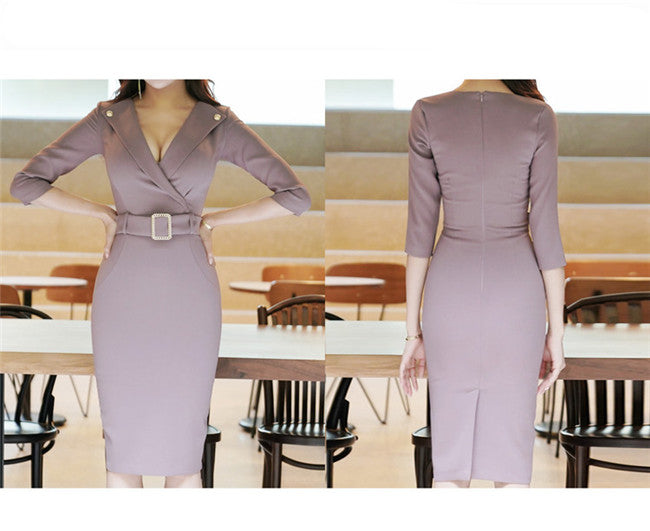 CM-DF091929 Women Casual Seoul Style Tailored V-Neck Skinny Mid-Sleeve Dress - Light Purple
