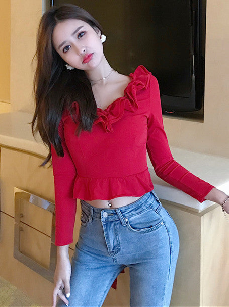 CM-TF092001 Women Casual Seoul Style Flouncing Collar Gauze Backless Blouse - Red