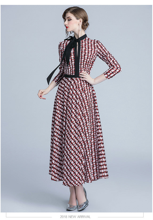 CM-DF092111 Women Casual Retro Style High Waist Bowknot Collar Printed Maxi Dress