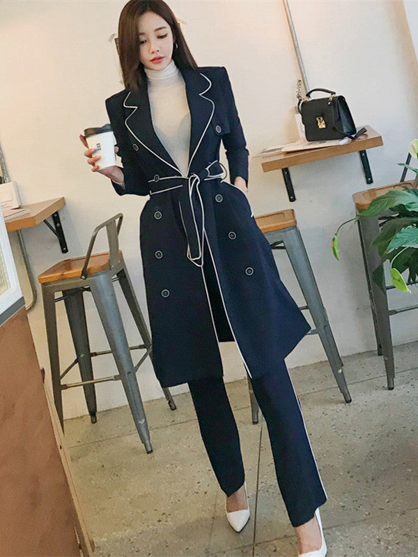 CM-SF092206 Women High Quality Double-Breasted Long Coat With Skinny Pants - Set