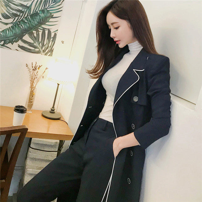 CM-SF092206 Women High Quality Double-Breasted Long Coat With Skinny Pants - Set