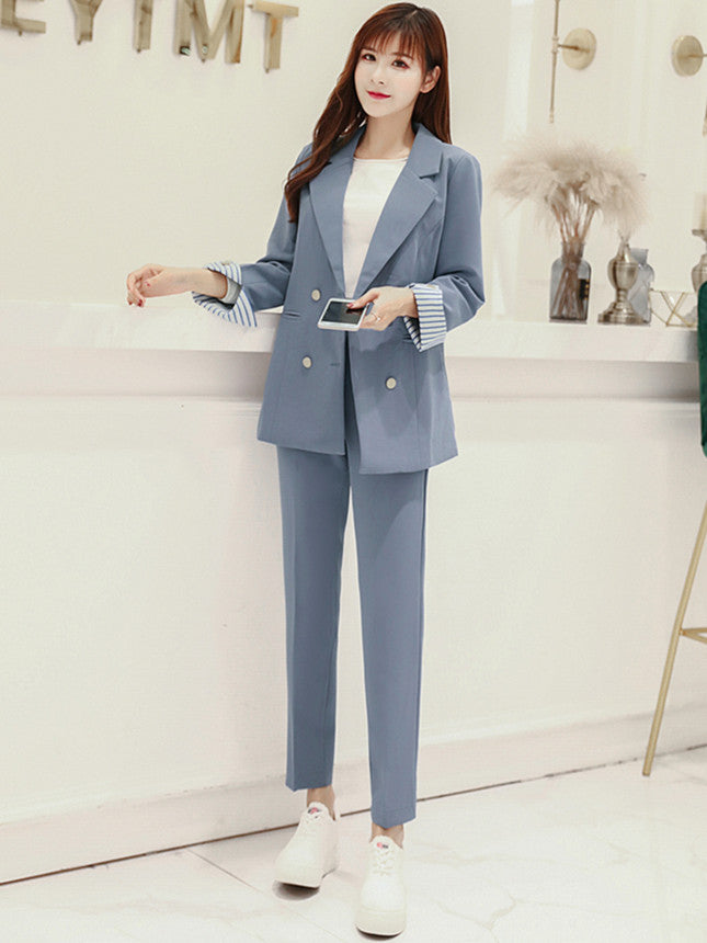 CM-SF092221 Women Elegant Seoul Style Blue Tailored Collar Slim Long Leisure Suits - Set