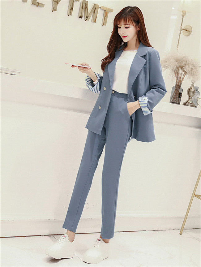 CM-SF092221 Women Elegant Seoul Style Blue Tailored Collar Slim Long Leisure Suits - Set