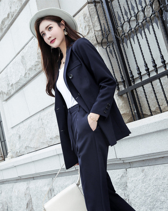 CM-SF092224 Women Casual Seoul Style Navy Blue Double-Breasted Slim Leisure Suits - Set