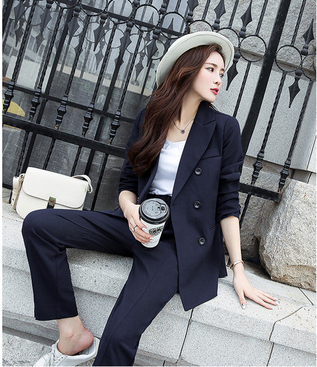 CM-SF092224 Women Casual Seoul Style Navy Blue Double-Breasted Slim Leisure Suits - Set