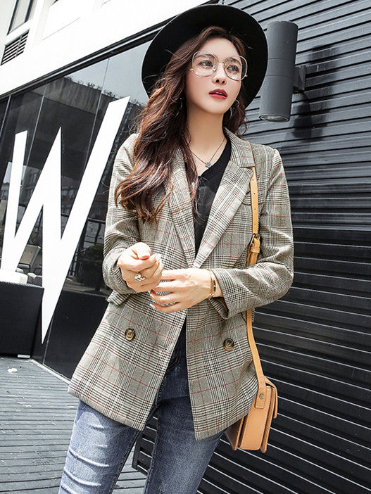 CM-CF092227 Women Casual Seoul Style Long Sleeve Turn-down Collar Plaids Short Jacket