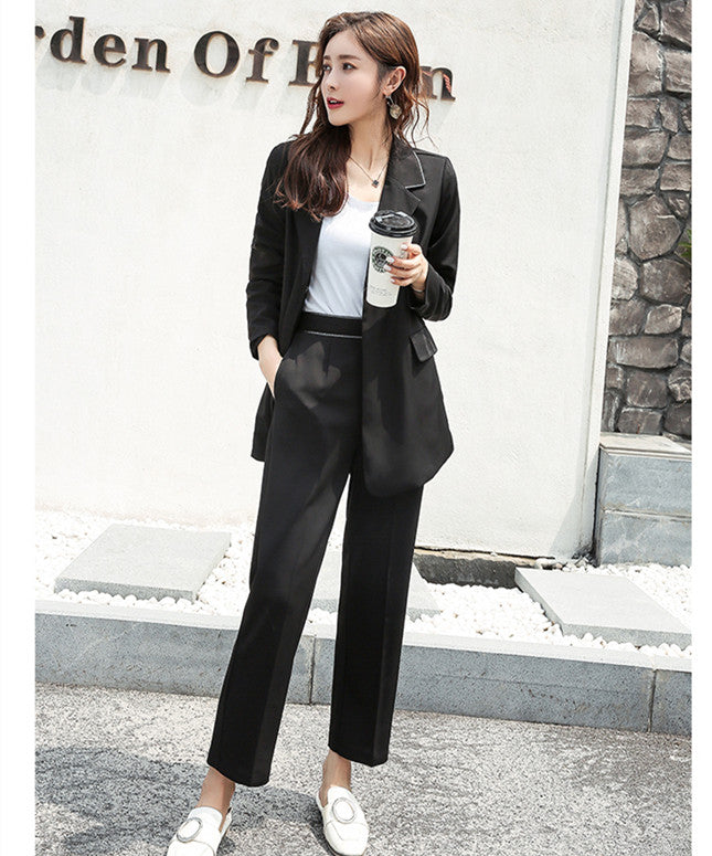 CM-SF092230 Women Elegant Seoul Style Black Tailored Collar Slim Leisure Suits - Set