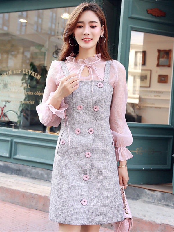 CM-SF092309 Women Lovely Gauze Blouse With Double-Breasted Tweed Dress - Set