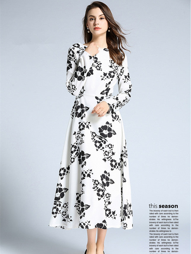 CM-DF092710 Women Casual European Style Long Sleeve Floral Printings Maxi Dress - White