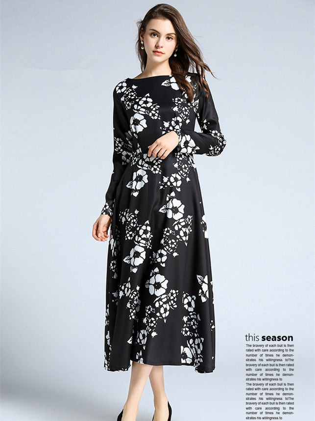 CM-DF092710 Women Casual European Style Long Sleeve Floral Printings Maxi Dress - Black