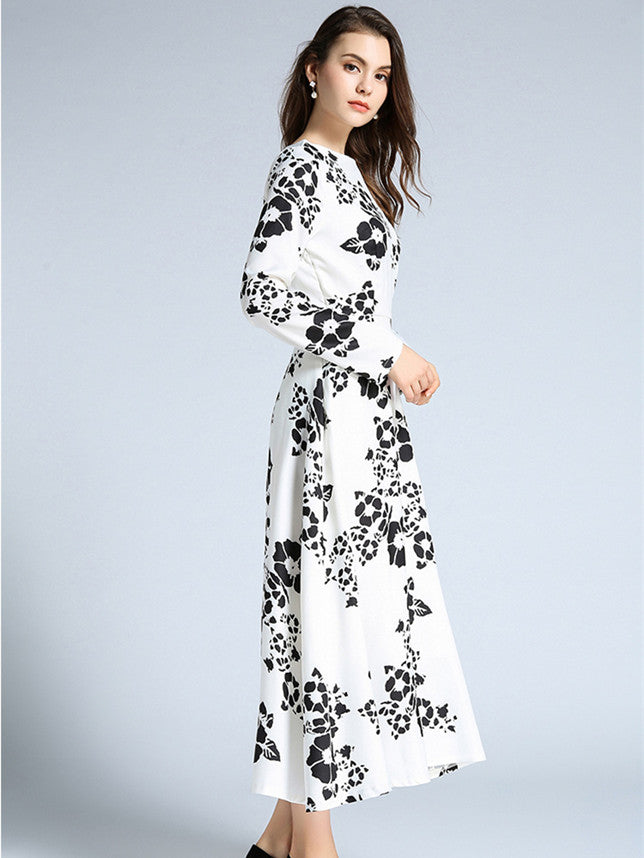 CM-DF092710 Women Casual European Style Long Sleeve Floral Printings Maxi Dress - White