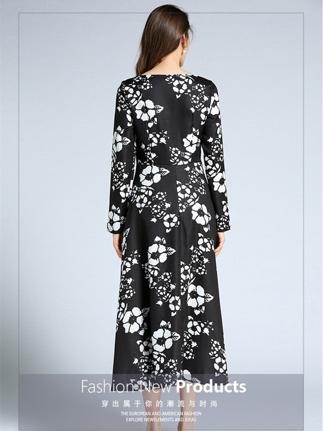 CM-DF092710 Women Casual European Style Long Sleeve Floral Printings Maxi Dress - Black