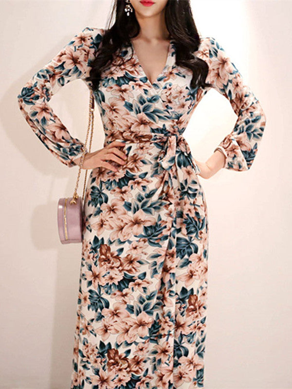 CM-DF092723 Women Casual Seoul Style V-Neck Tie Waist Floral Loosen Maxi Dress