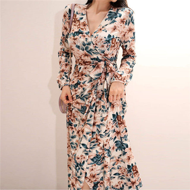 CM-DF092723 Women Casual Seoul Style V-Neck Tie Waist Floral Loosen Maxi Dress