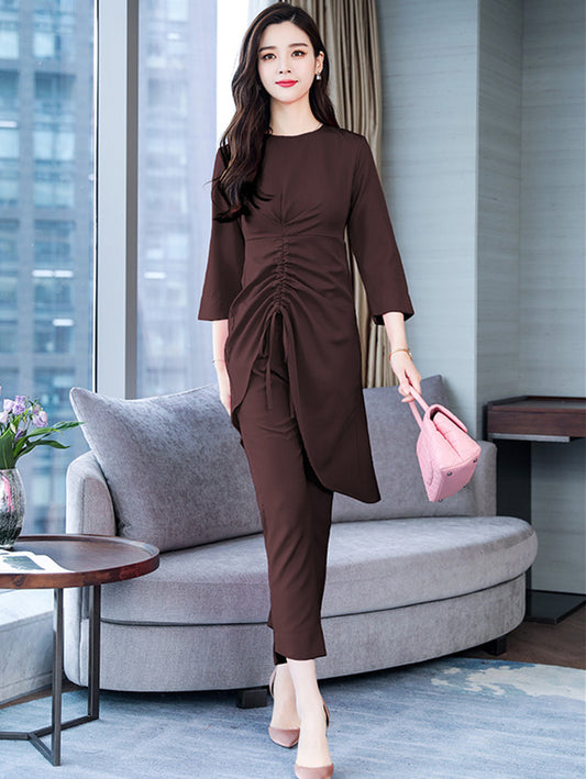 CM-SF093015 Women Autumn Seoul Style Wine Red Drawstring Long Blouse With Skinny Pants - Set