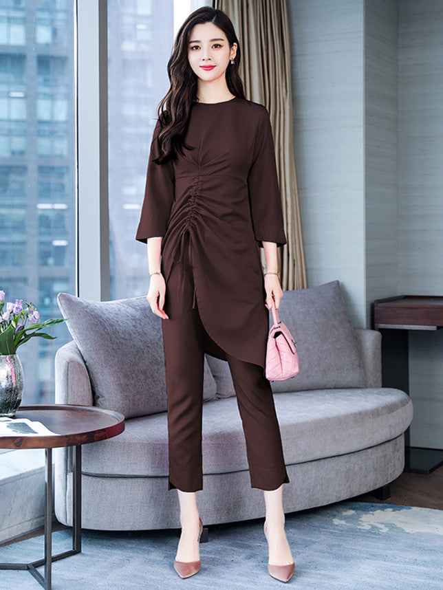 CM-SF093015 Women Autumn Seoul Style Wine Red Drawstring Long Blouse With Skinny Pants - Set
