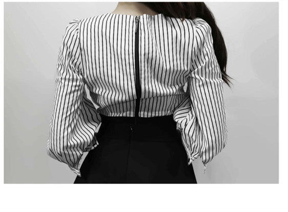 CM-SF093025 Women European Style V-Neck Stripes Puff Sleeve Blouse With Midi Skirt - Set