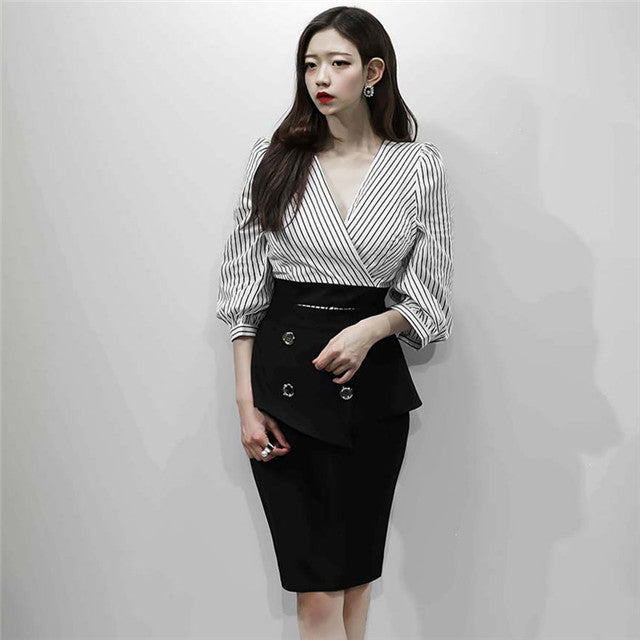 CM-SF093025 Women European Style V-Neck Stripes Puff Sleeve Blouse With Midi Skirt - Set