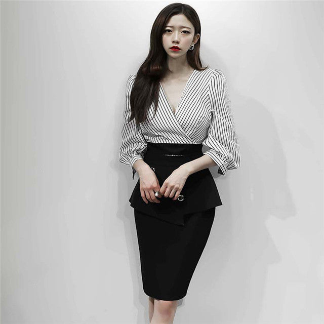 CM-SF093025 Women European Style V-Neck Stripes Puff Sleeve Blouse With Midi Skirt - Set