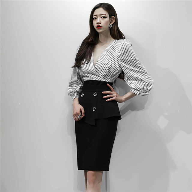 CM-SF093025 Women European Style V-Neck Stripes Puff Sleeve Blouse With Midi Skirt - Set