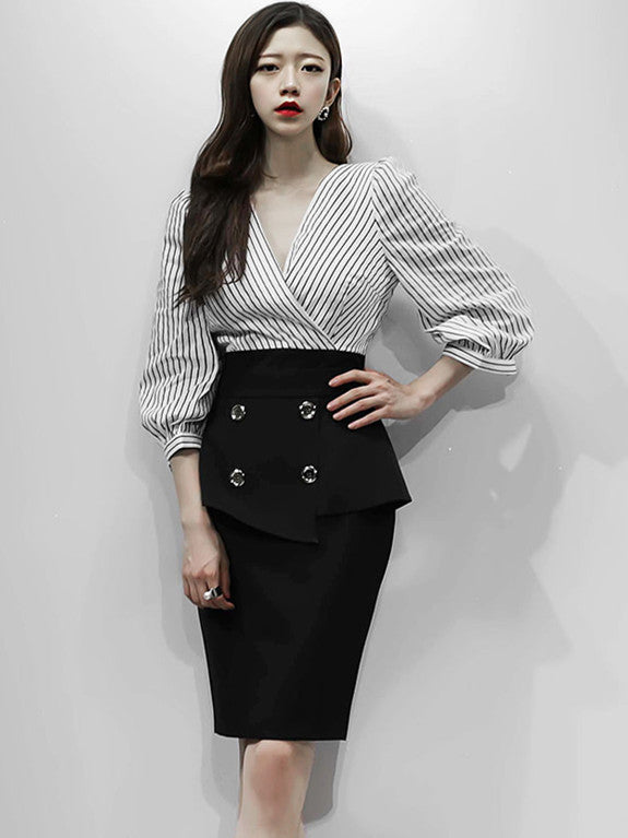 CM-SF093025 Women European Style V-Neck Stripes Puff Sleeve Blouse With Midi Skirt - Set