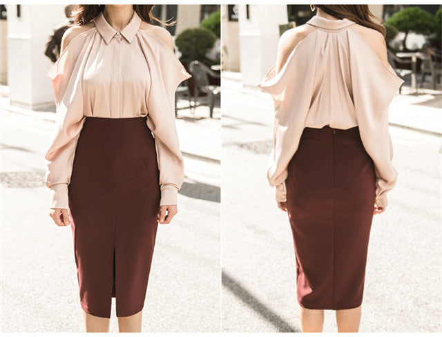 CM-SF100703 Women Seoul Style Off Shoulder Loosen Blouse With Skinny Midi Skirt - Set