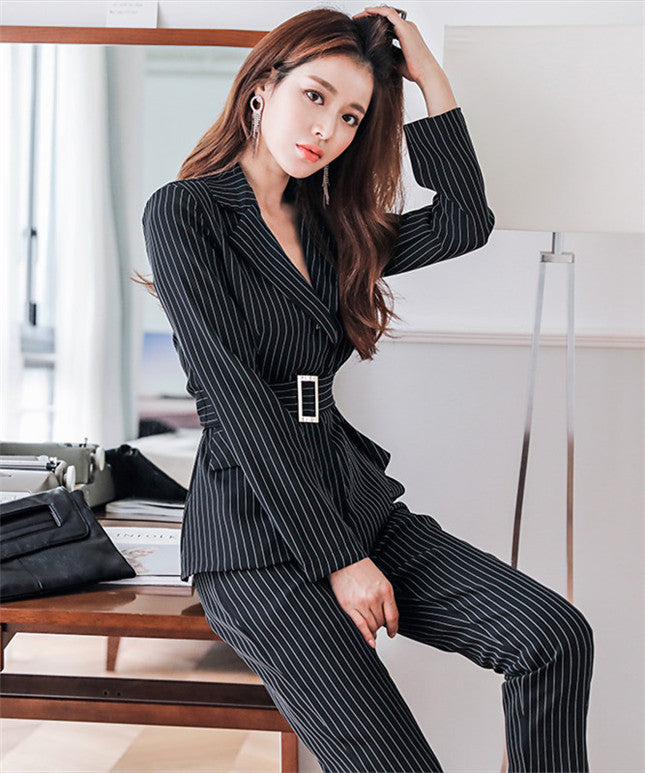 CM-SF101710 Women Elegant Seoul Style Black Stripes Tailored Collar Slim Leisure Suits - Set