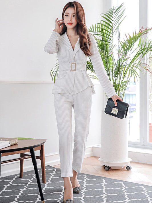 CM-SF101710 Women Elegant Seoul Style White Stripes Tailored Collar Slim Leisure Suits - Set