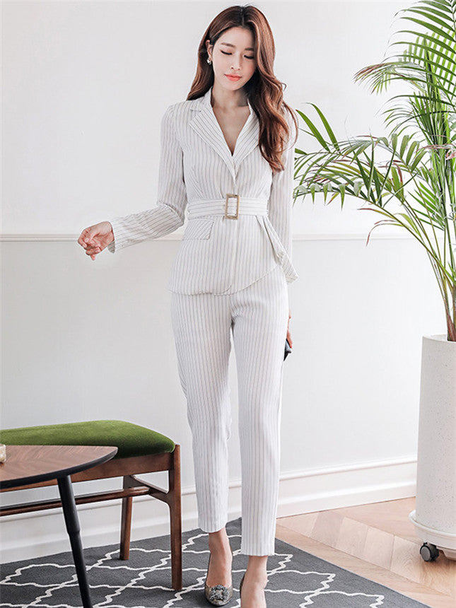 CM-SF101710 Women Elegant Seoul Style White Stripes Tailored Collar Slim Leisure Suits - Set
