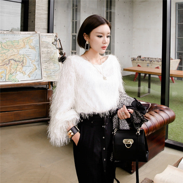 CM-SF102921 Women Elegant Seoul Style Fur Tassels Tops With Tie Waist Skinny Pants - Set