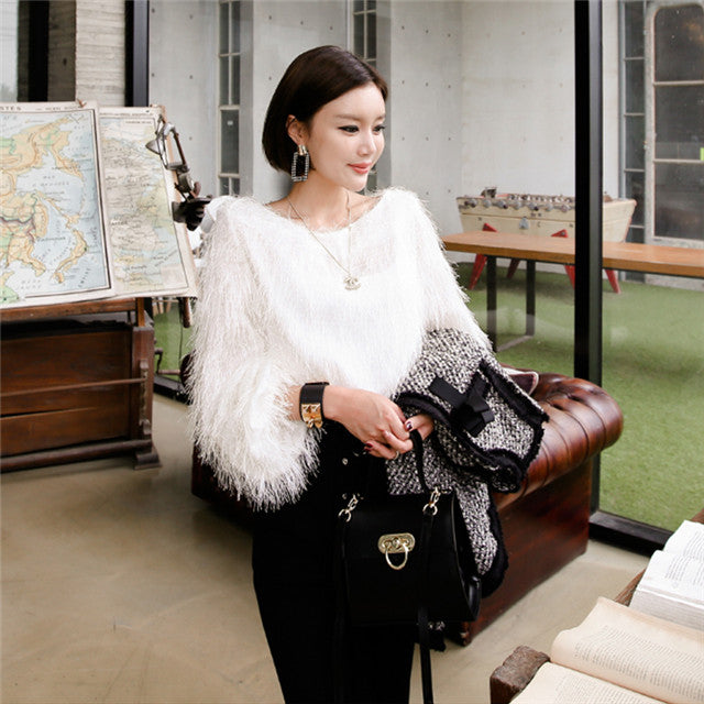 CM-SF102921 Women Elegant Seoul Style Fur Tassels Tops With Tie Waist Skinny Pants - Set