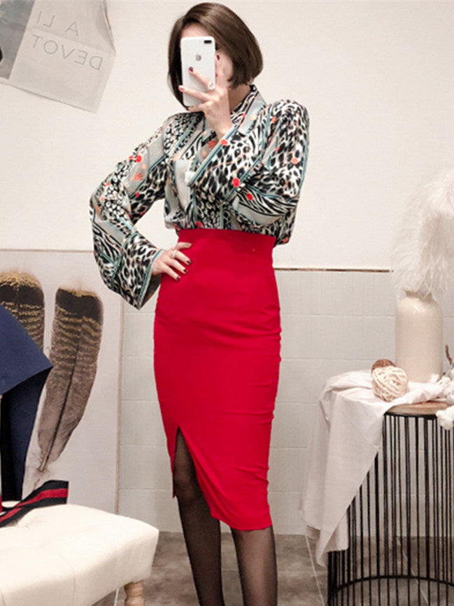 CM-SF110106 Women Elegant Stylish Leopard Floral Blouse With Skinny Midi Skirt - Set