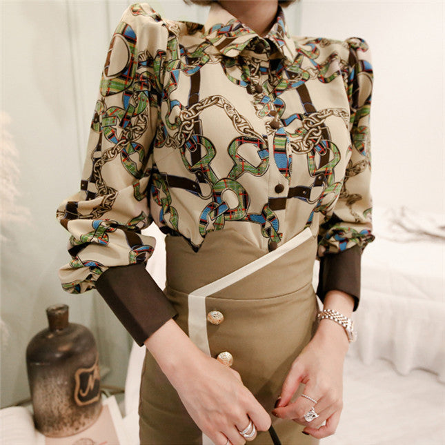 CM-SF110109 Women Casual Retro Style Chain Printings Blouse With Skinny Skirt - Set