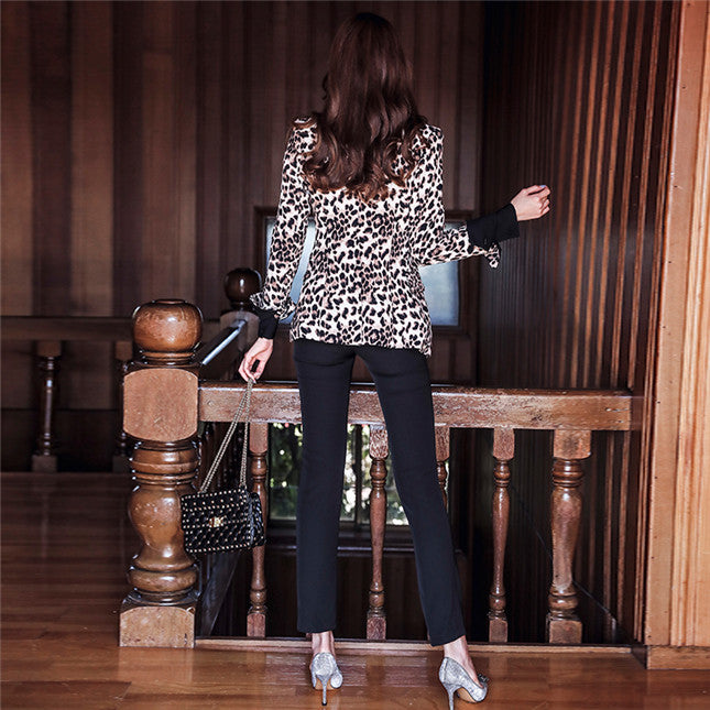CM-SF110111 Women Casual Modern Collar Leopard Jacket With Skinny Long Pants - Set