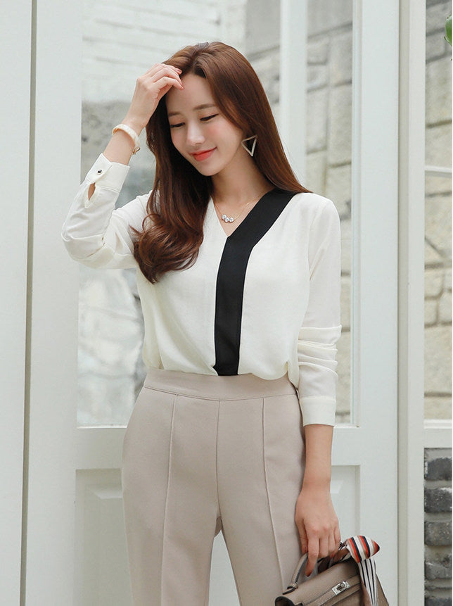 CM-SF110125 Women Casual Seoul Style Loosen Blouse With Straight Long Pants - Set