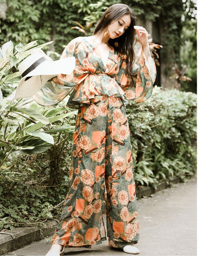CM-SF110235 Women Casual Retro Style Floral Top With High Waist Wide-Leg Pants - Set