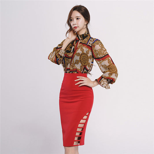 CM-SF110627 Women Elegant Retro Style Floral Puff Sleeve Blouse With Skinny Midi Skirt - Set