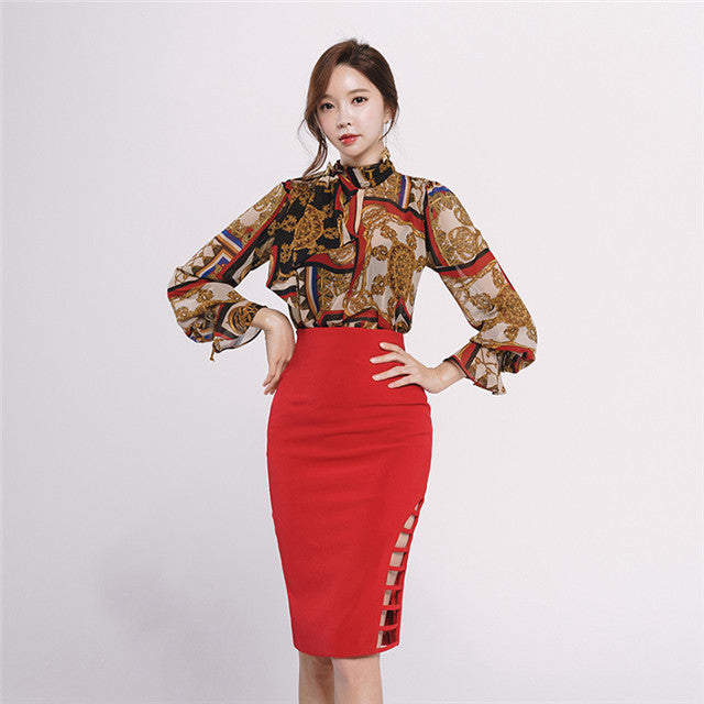 CM-SF110627 Women Elegant Retro Style Floral Puff Sleeve Blouse With Skinny Midi Skirt - Set