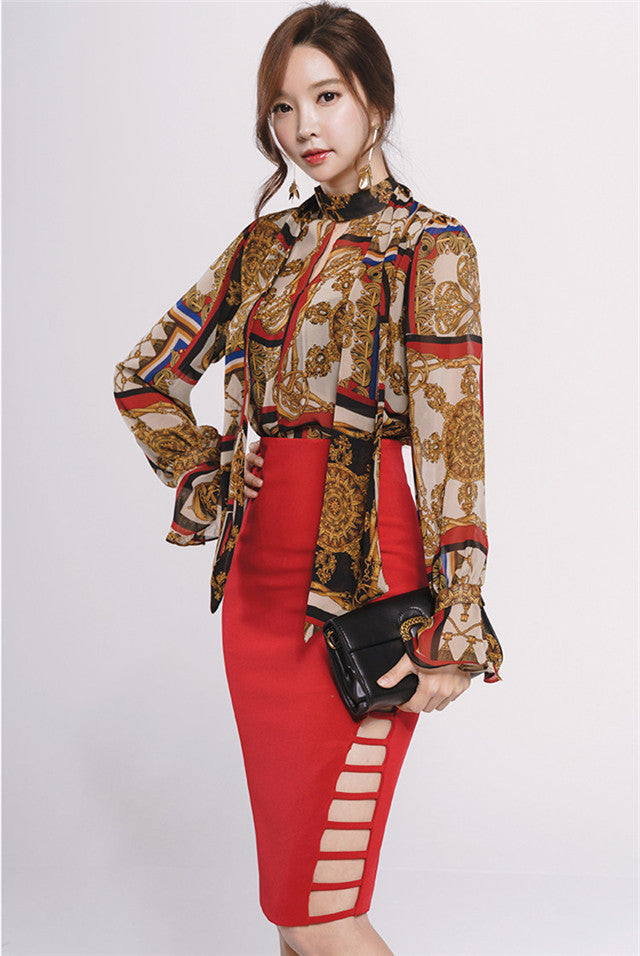 CM-SF110627 Women Elegant Retro Style Floral Puff Sleeve Blouse With Skinny Midi Skirt - Set