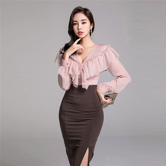 CM-SF111106 Women Elegant Flouncing V-Neck Blouse With Split Skinny Skirt - Set