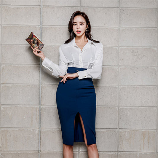 CM-SF111107 Women Elegant Seoul Style Loosen Blouse With Split Bodycon Midi Skirt - Set