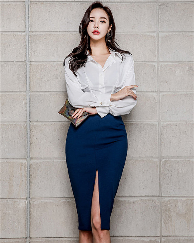 CM-SF111107 Women Elegant Seoul Style Loosen Blouse With Split Bodycon Midi Skirt - Set
