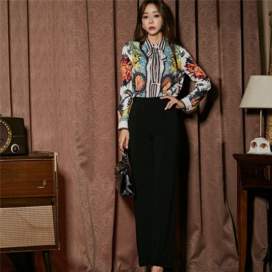 CM-SF111225 Women Casual Seoul Street Style Loosen Floral Blouse With Straight Long Pants - Set