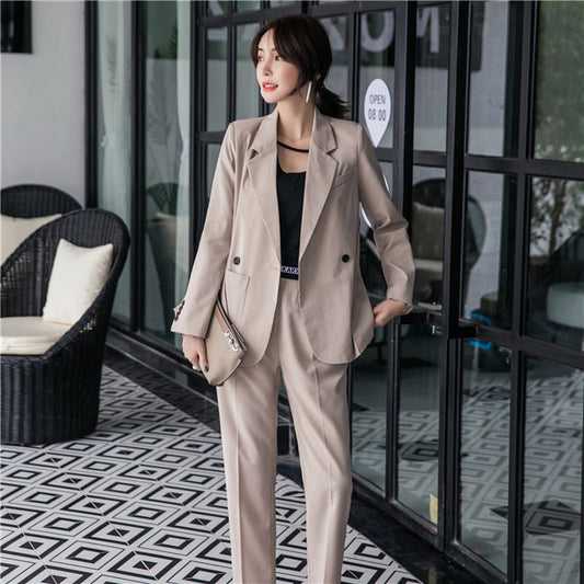 CM-SF111307 Women Elegant Seoul Style Khaki Tailored Collar Slim Leisure Suits - Set