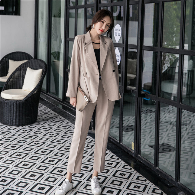 CM-SF111307 Women Elegant Seoul Style Khaki Tailored Collar Slim Leisure Suits - Set