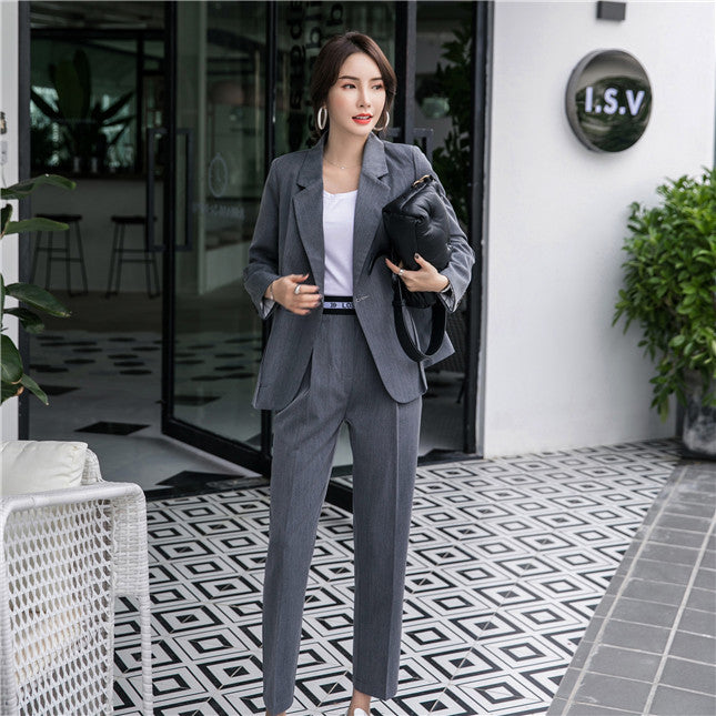 CM-SF111307 Women Elegant Seoul Style Gray Tailored Collar Slim Leisure Suits - Set