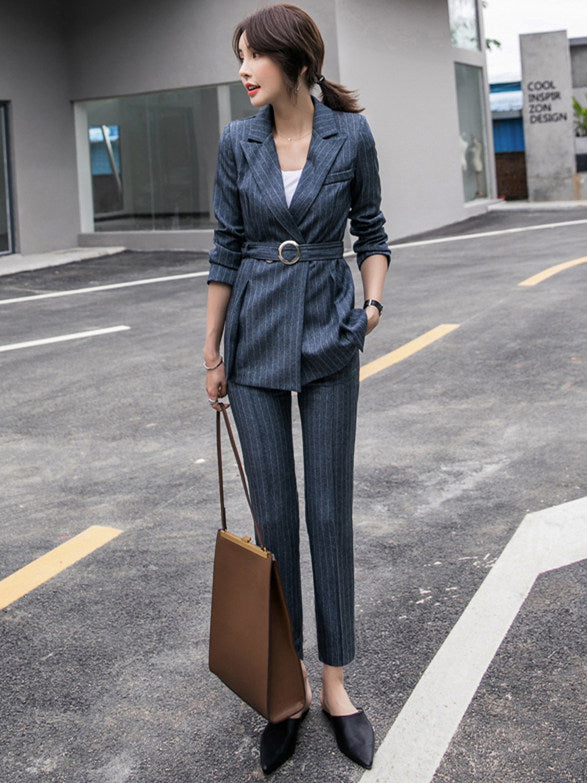 CM-SF111308 Women Elegant Classic Style Tailored Collar Stripes Skinny Leisure Suits - Set
