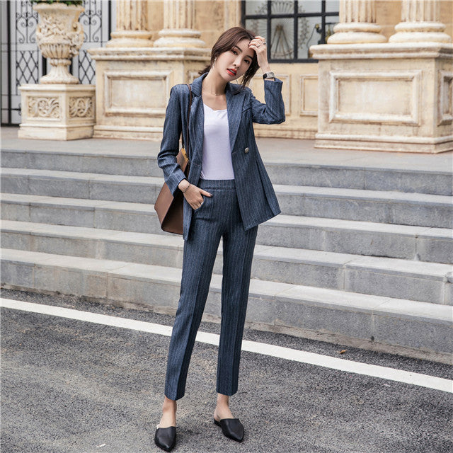 CM-SF111308 Women Elegant Classic Style Tailored Collar Stripes Skinny Leisure Suits - Set