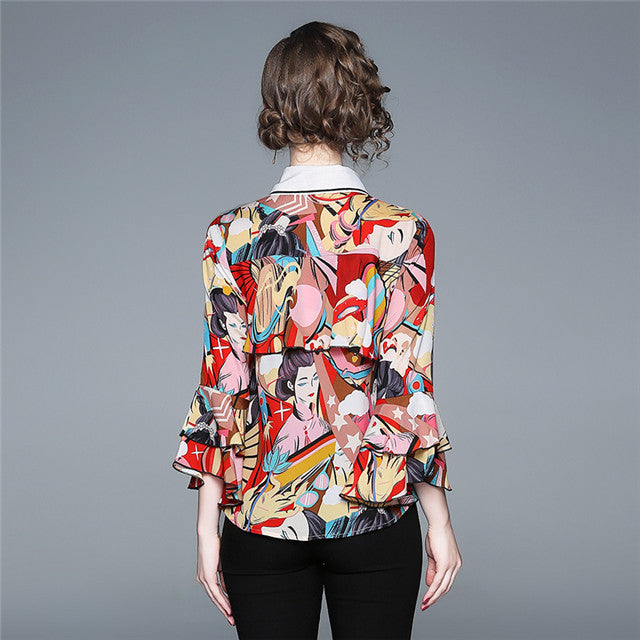 CM-TF111521 Women Charming Seoul Style Doll Collar Floral Flare Sleeve Blouse